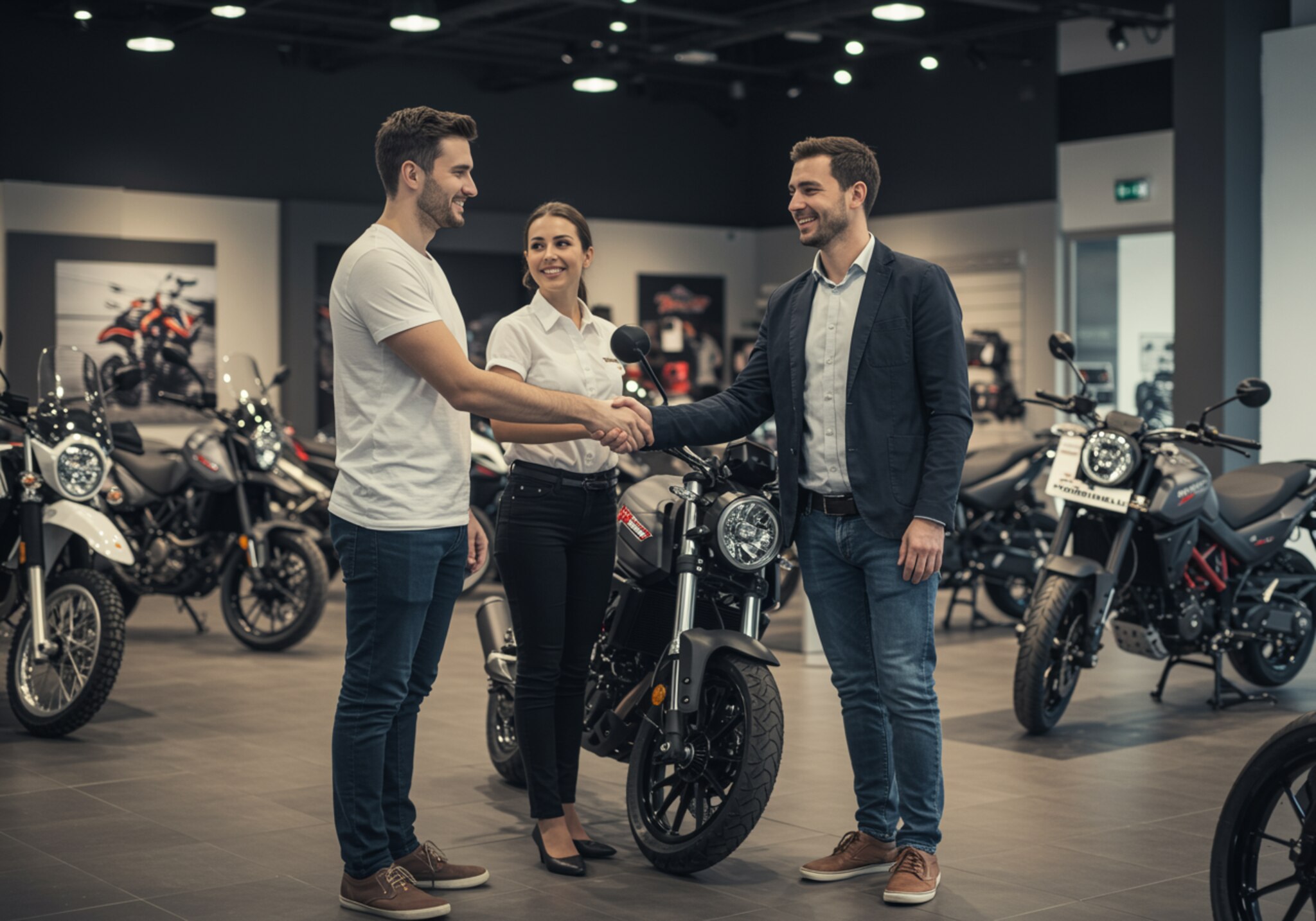 "Banner de alta resolución para concesionario de motocicletas, mostrando un moderno showroom con asistentes de ventas amables y motos Benelli, Piaggio, Keeway y Morbidelli, reflejando confianza y profesionalismo."