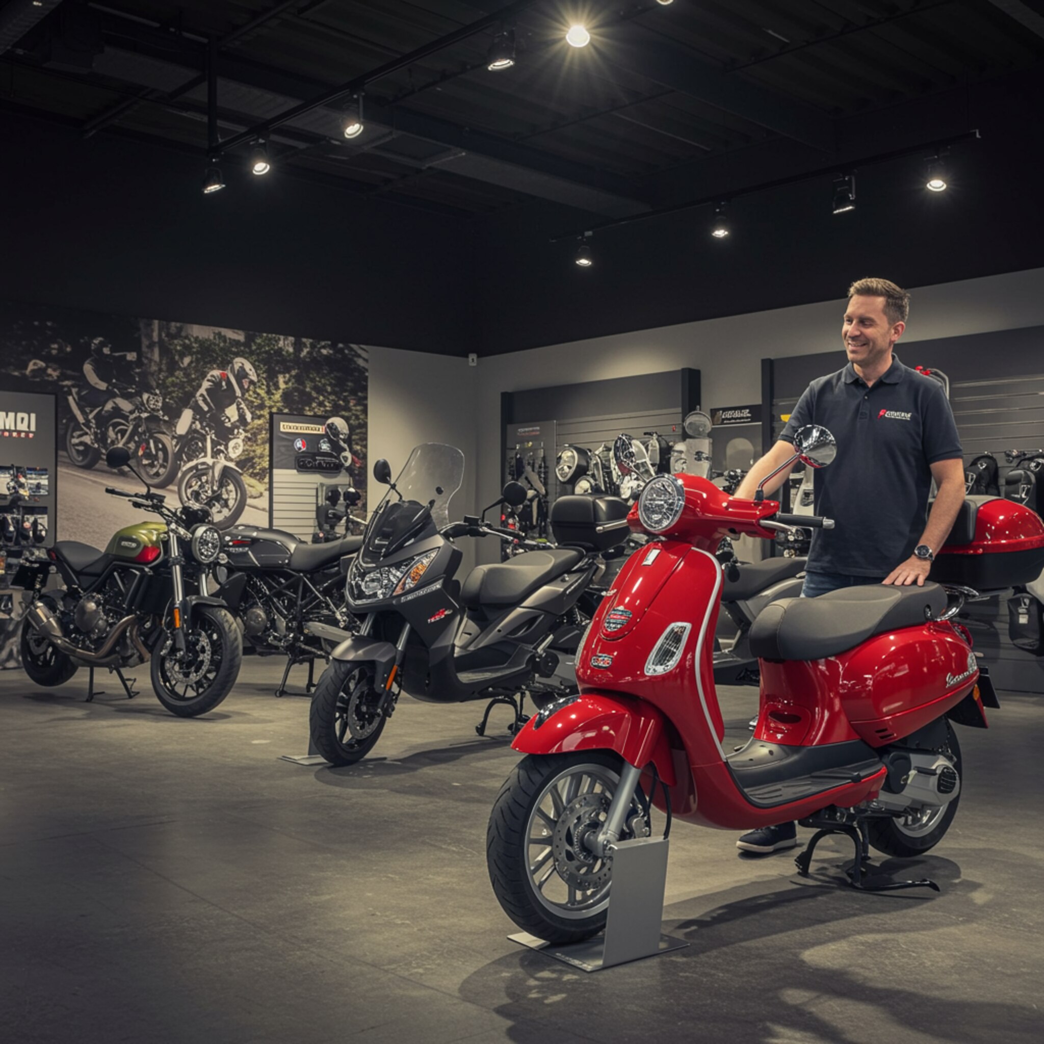 "Showroom de motos de lujo en Motos Palma, con modelos exclusivos de Benelli, Morbidelli, Keeway y Piaggio, y un consultor de ventas brindando asesoría personalizada."