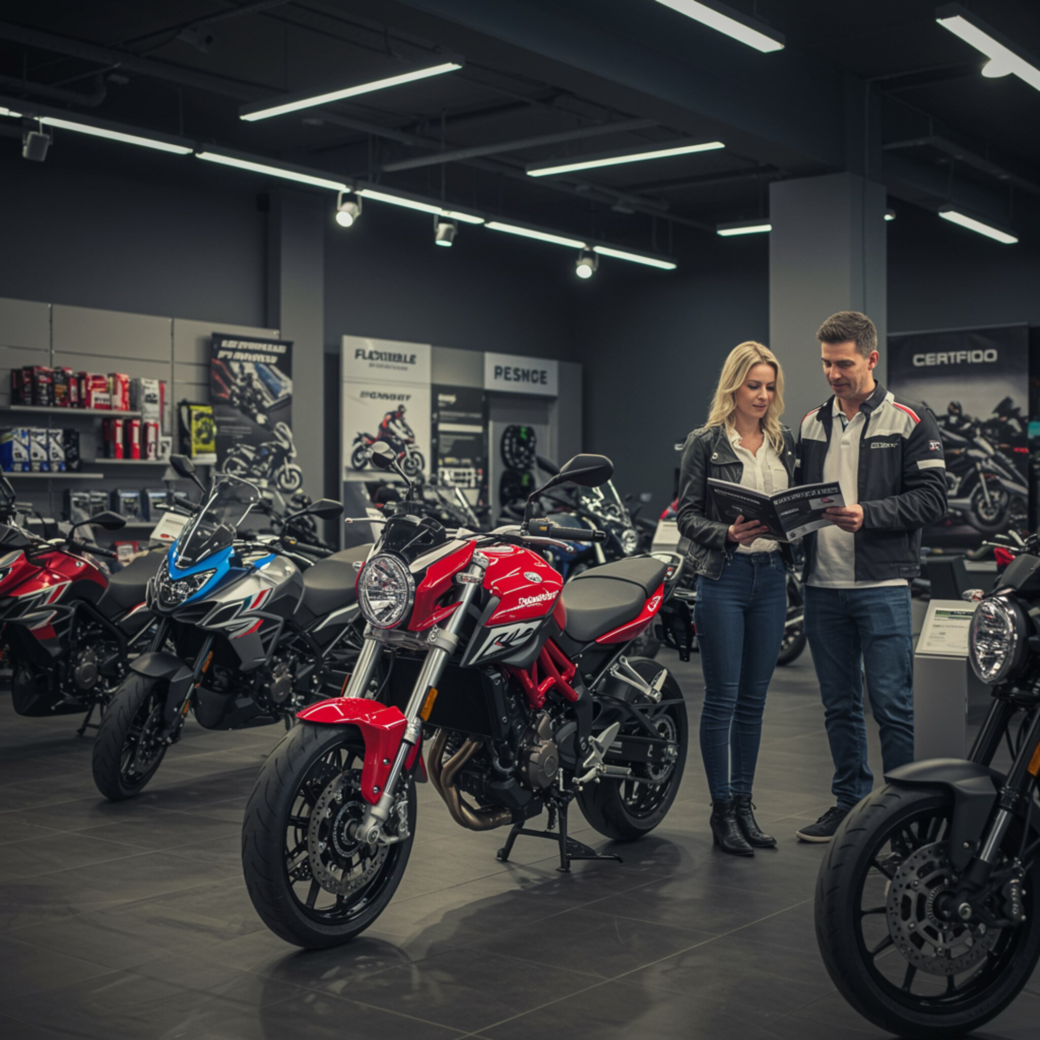 "Ilustración digital de un moderno showroom de motos en Motos Palma, destacando motocicletas italianas de Benelli, Morbidelli, Keeway y Piaggio, con un asesor conversando sobre opciones de financiamiento flexible."