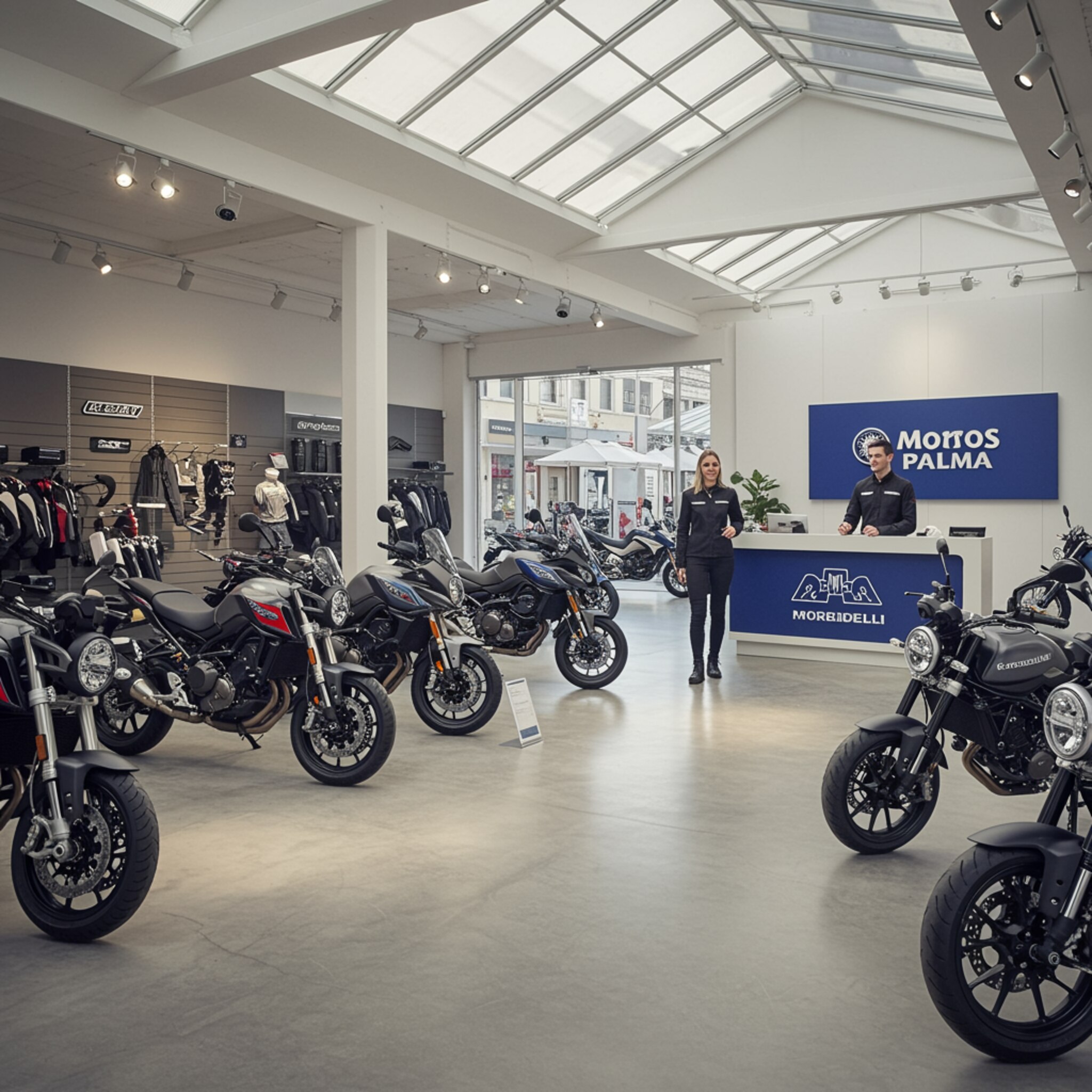 "Interior moderno y luminoso del showroom de Motos Palma, con motocicletas italianas Benelli, Morbidelli, Keeway y Piaggio, personal amable y diseño minimalista."